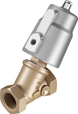 Ventil in Winkelbauform aus Metall, bestehend aus einem bronzefarbenen Gehäuse und einem silbernen Antriebszylinder, sichtbar seitlich.