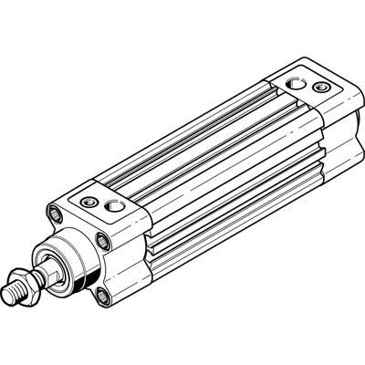 Ein technisches Diagramm eines pneumatischen Zylinders mit sechseckigen Schrauben an den Ecken und einem herausragenden Kolbenstangenende.