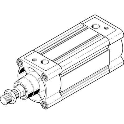 Technische Zeichnung eines Pneumatikzylinders mit Kolbenstange, gezeigt in isometrischer Ansicht. Zylinder hat Befestigungsbohrungen.
