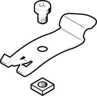 Illustration zeigt eine flache, längliche Metallklammer mit einem zentralen Loch, einer Schraube und einer Mutter.