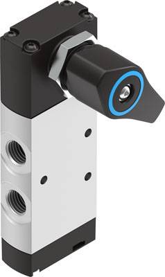 Ein schwarzes und silbernes Industrieventil mit zwei seitlichen Anschlüssen und einem schwarzen Drehknopf zur Steuerung des Gasflusses.