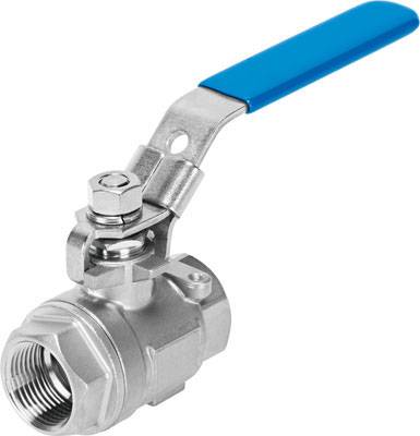 Metall-Kugelhahn mit blauem Griff. Geeignet für Rohrverbindungen, typischerweise in Sanitärinstallationen oder Maschinenbau.