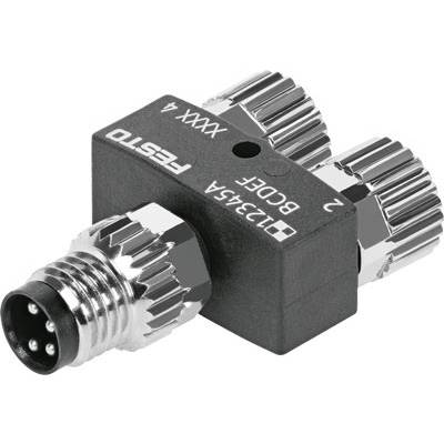'Festo Elektrischer Verteiler' in L-Form mit drei Anschlüssen und Beschriftung.