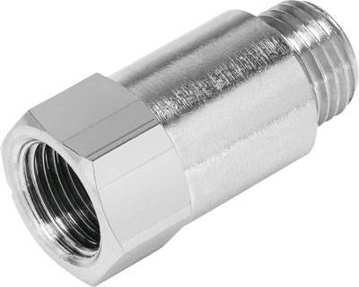 Ein silberner, metallischer Adapter mit Innen- und Außengewinde. Verwendet zur Verbindung von Rohrleitungen oder Schläuchen.