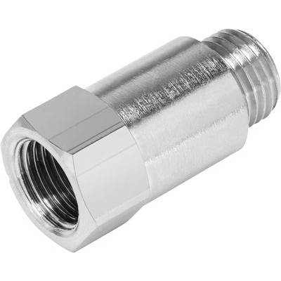 Metalladapter mit Außen- und Innengewinde, zylindrische Form, silberfarben, zum Verbinden von zwei Rohrteilen oder Schläuchen.