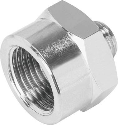 Metall-Adapter mit sechseckiger Form und Innengewinde.