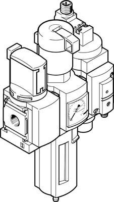 Ein technisches Diagramm eines Luftfilters und Druckregelventils mit Messuhr und Anschluss.
