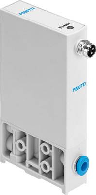 Ein weißes, rechteckiges Modul von Festo mit elektrischen Anschluss oben rechts und einem blauen Anschluss unten rechts.
