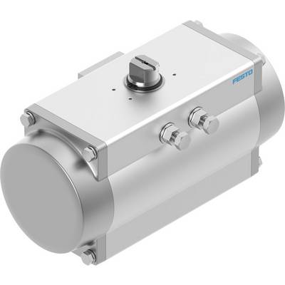Silberner pneumatischer Aktuator mit zwei Anschlussventilen auf der Seite, Darstellung von Schwenkbewegungskomponenten.