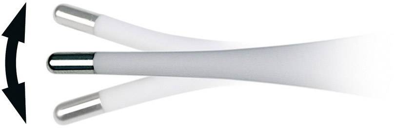 Weißer Metallstab mit abgerundeter Spitze in drei Neigungswinkeln gezeigt; weist auf Flexibilität oder Biegsamkeit hin.