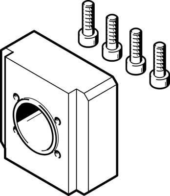 Technische Zeichnung eines Metallwinkels mit vier Bolzenschrauben, die zur Befestigung verwendet werden.