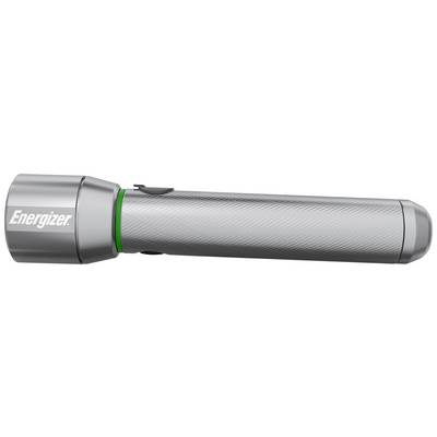 Eine silberne Taschenlampe mit der Aufschrift 'Energizer' auf dem Kopf. Sie hat einen grünen Ring hinter dem Lampenkopf.