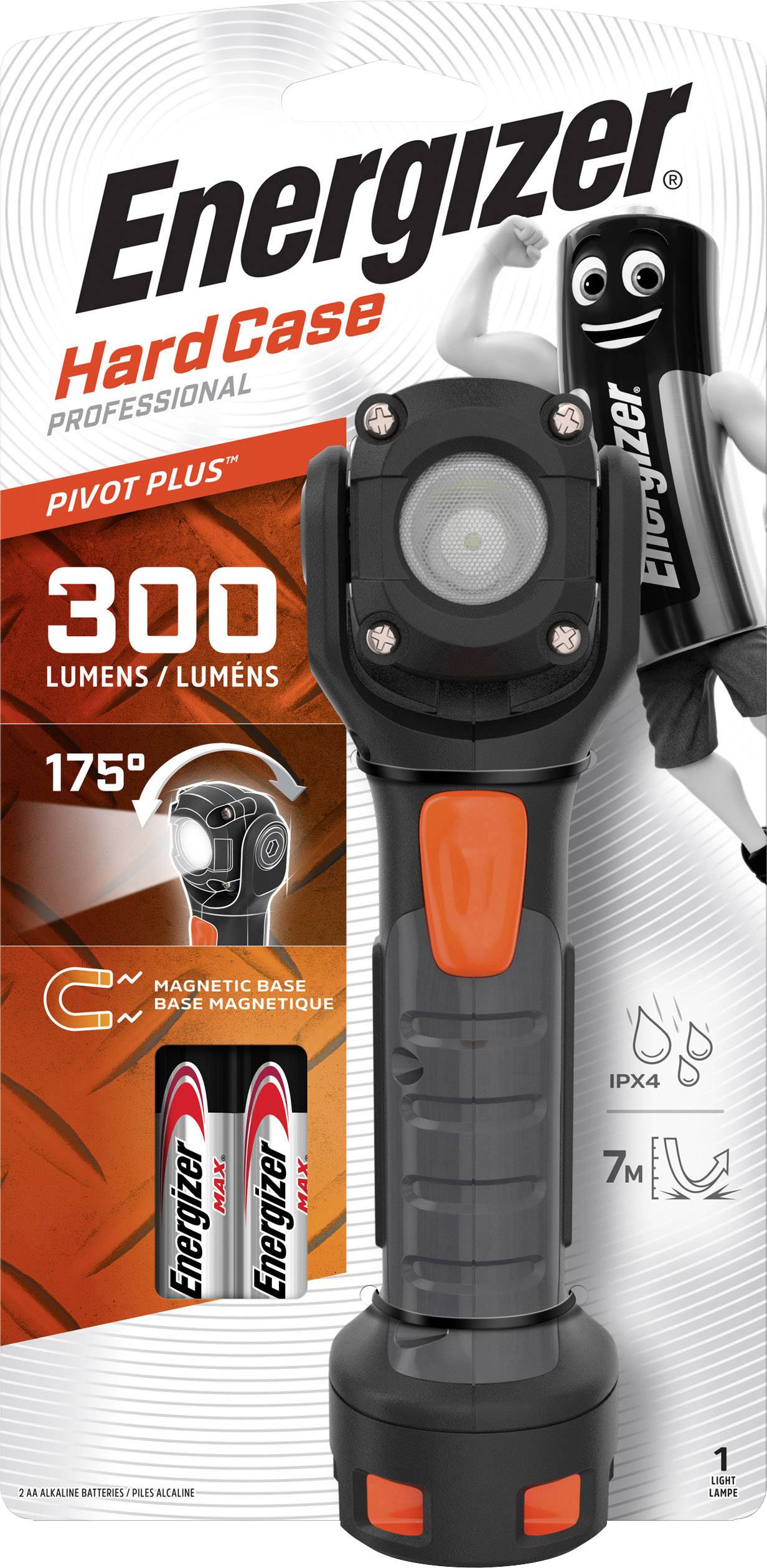 'Taschenlampe mit 300 Lumen, 175° schwenkbarer Kopf. Enthält magnetische Basis und zwei Energizer-Batterien.'