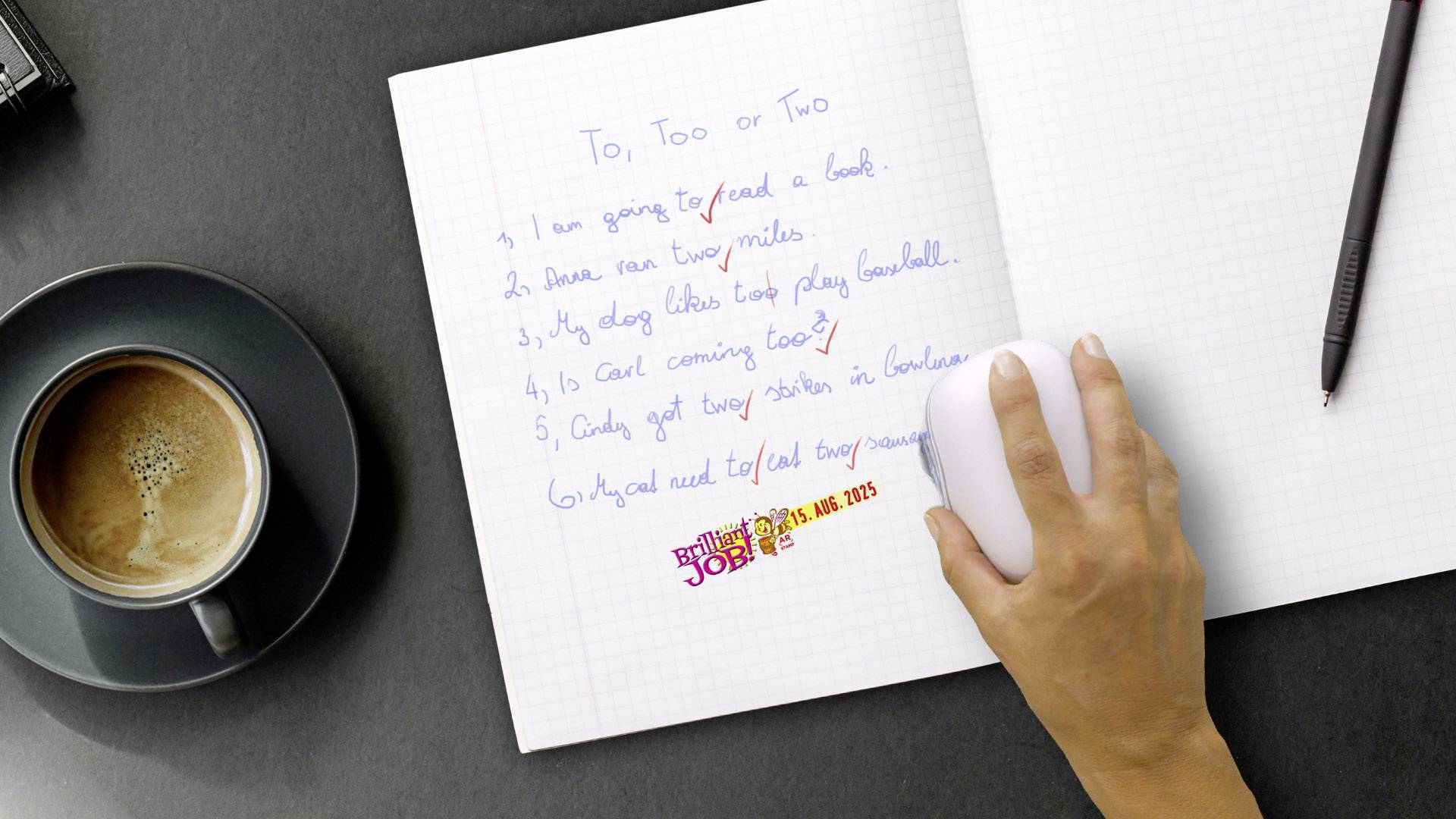 'To, Too or Two' Hand schreibt Aufgabenliste in ein Notizbuch neben Kaffee und Stift. Text beinhaltet Pläne und Fragen zur Teilnahme.