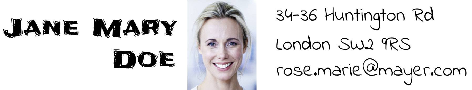'Jane Mary Doe', Porträt einer lächelnden Frau. Text links, Kontaktinformationen rechts: Adresse und E-Mail.