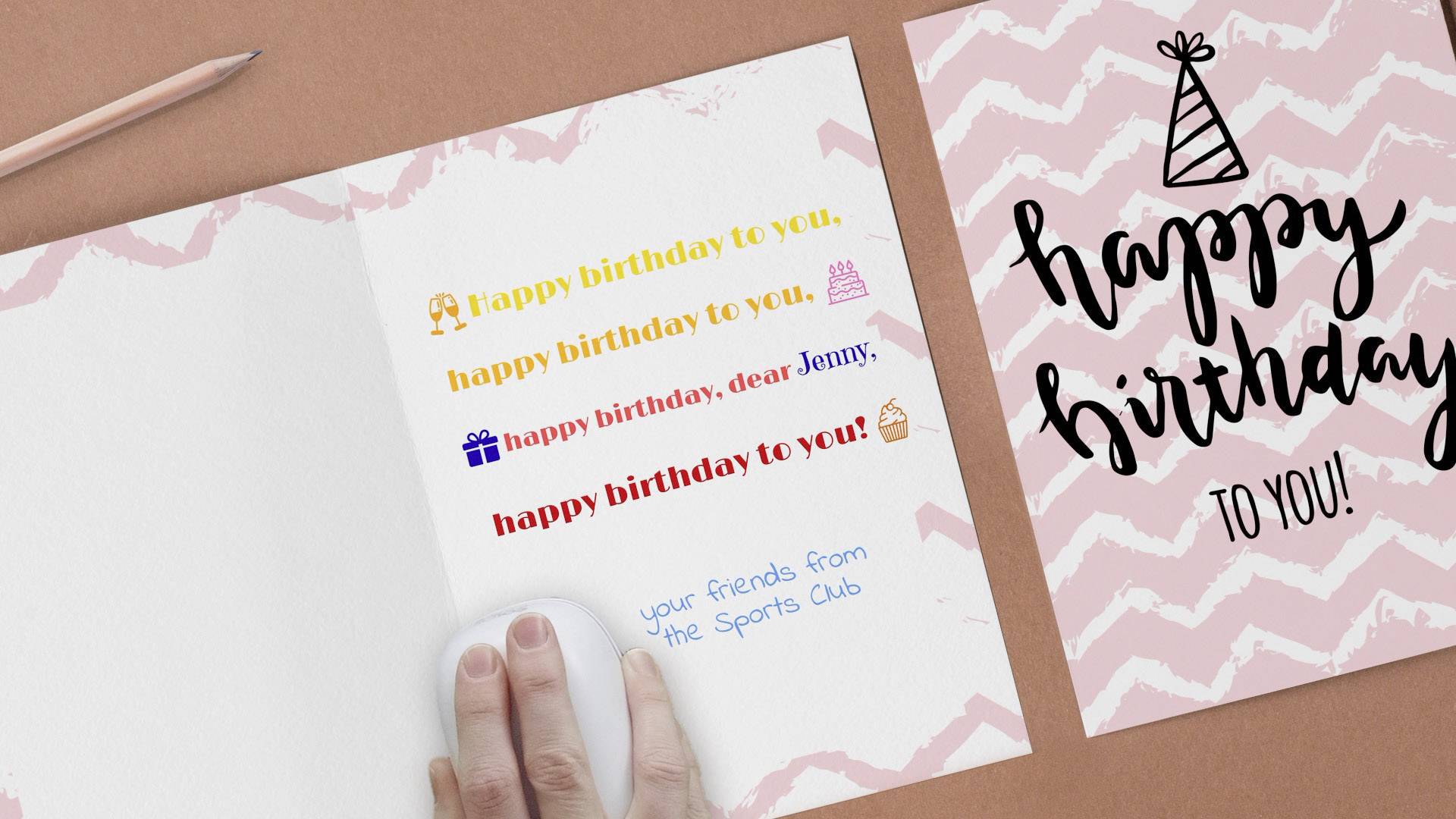 'Happy birthday' Karte mit farbigem Text und Symbolen, inklusive kleinem Text: 'your friends from the Sports Club'.
