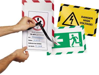 'Drei Sicherheitszeichen: kein Zugang, Hochspannung, Notausgang. Erstes Schild zeigt Hände beim Entfernen eines Warnzettels.'