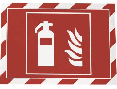 Rotes Schild mit weißem Feuerlöscher-Symbol und Flammensymbol, zeigt den Standort eines Feuerlöschers an.