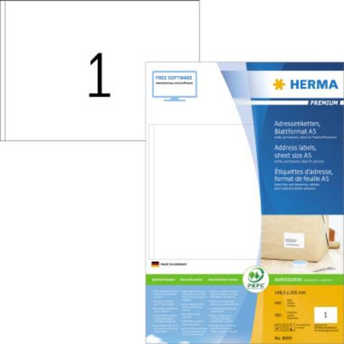 Herma 8690 Adress-Etiketten 148.5 x 205 mm Papier Weiß 400 St. Tintenstrahldrucker, Laserdrucker, Farblaserdrucker, Kopi...