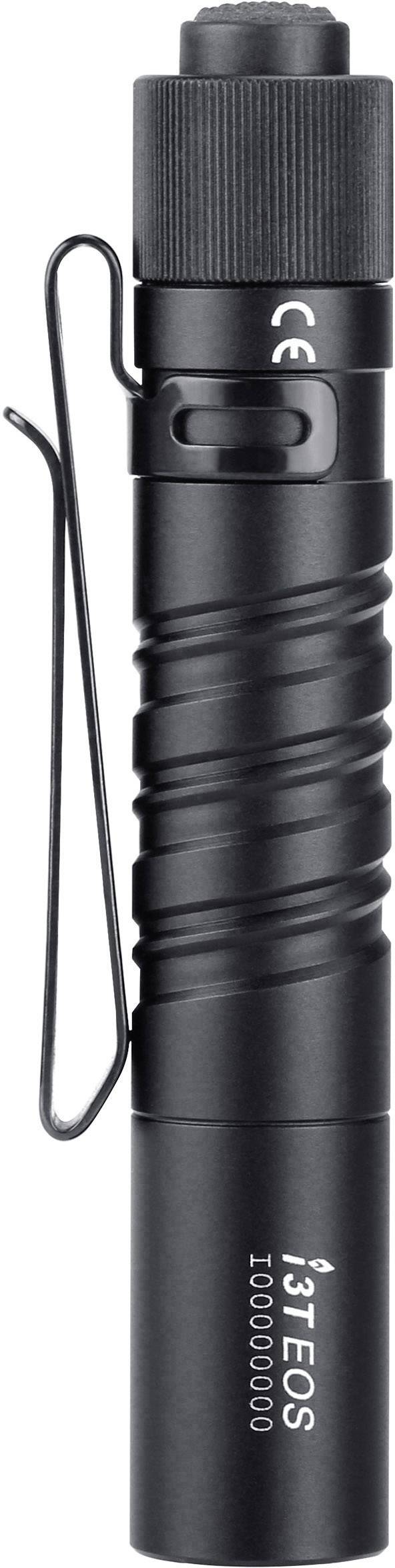 Schwarze, kompakte Taschenlampe mit Clip und geriffeltem Griff. Markierungen: 'i3T EOS' und Seriennummer. Ideal für Outdoor.