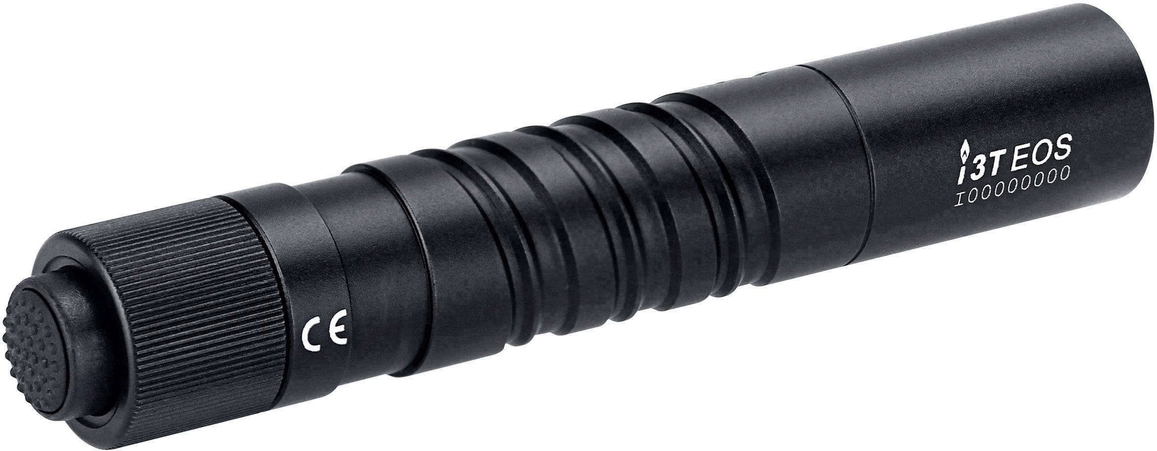 Eine schwarze Taschenlampe mit geriffelter Struktur und einer Beschriftung 'I3T EOS'.