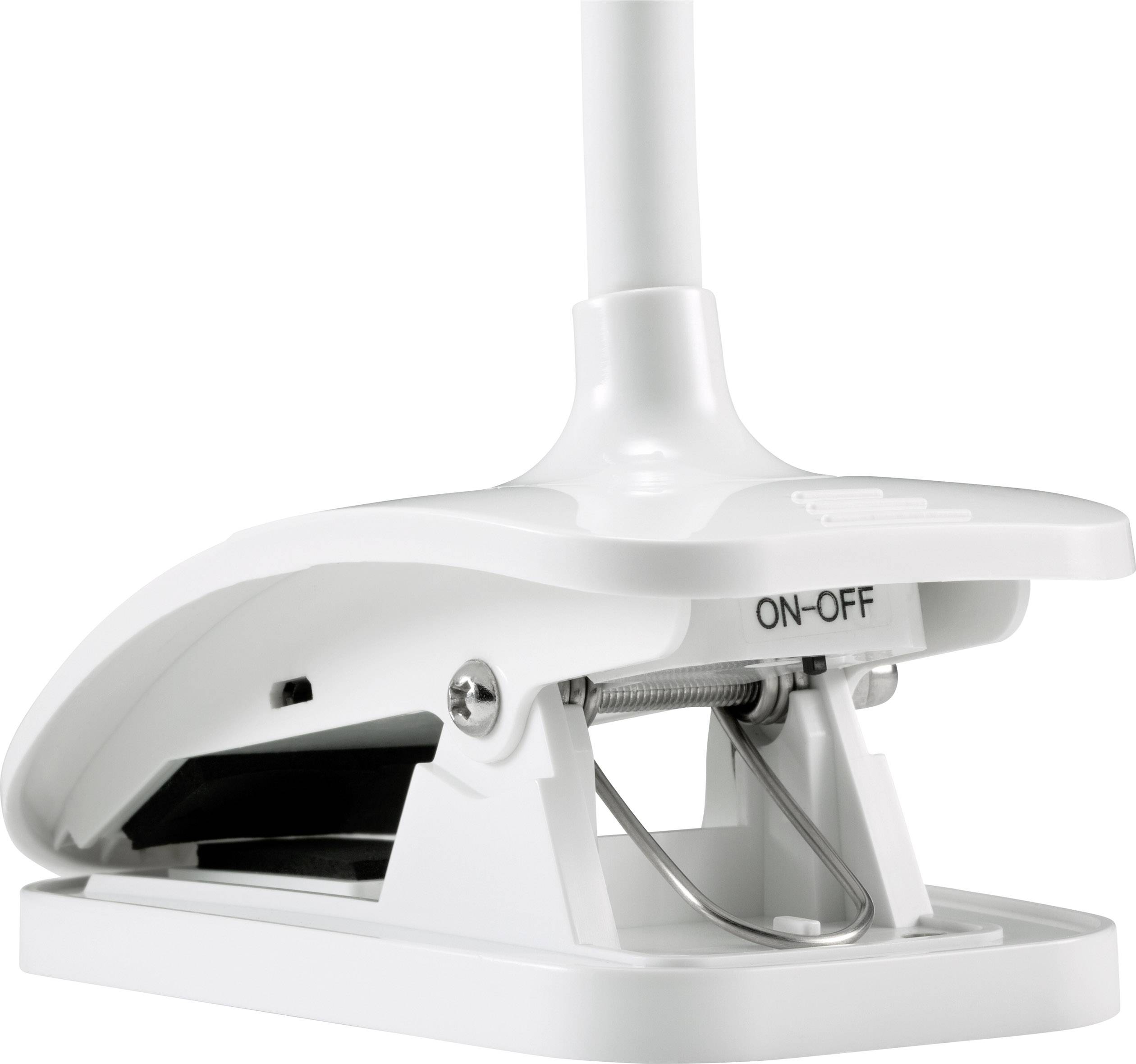 Ein weißer Tretlichtschalter mit einer 'Ein-Aus'-Markierung, auf einem weißen Hintergrund gezeigt. Der Schalter ist aus Kunststoff gefertigt.