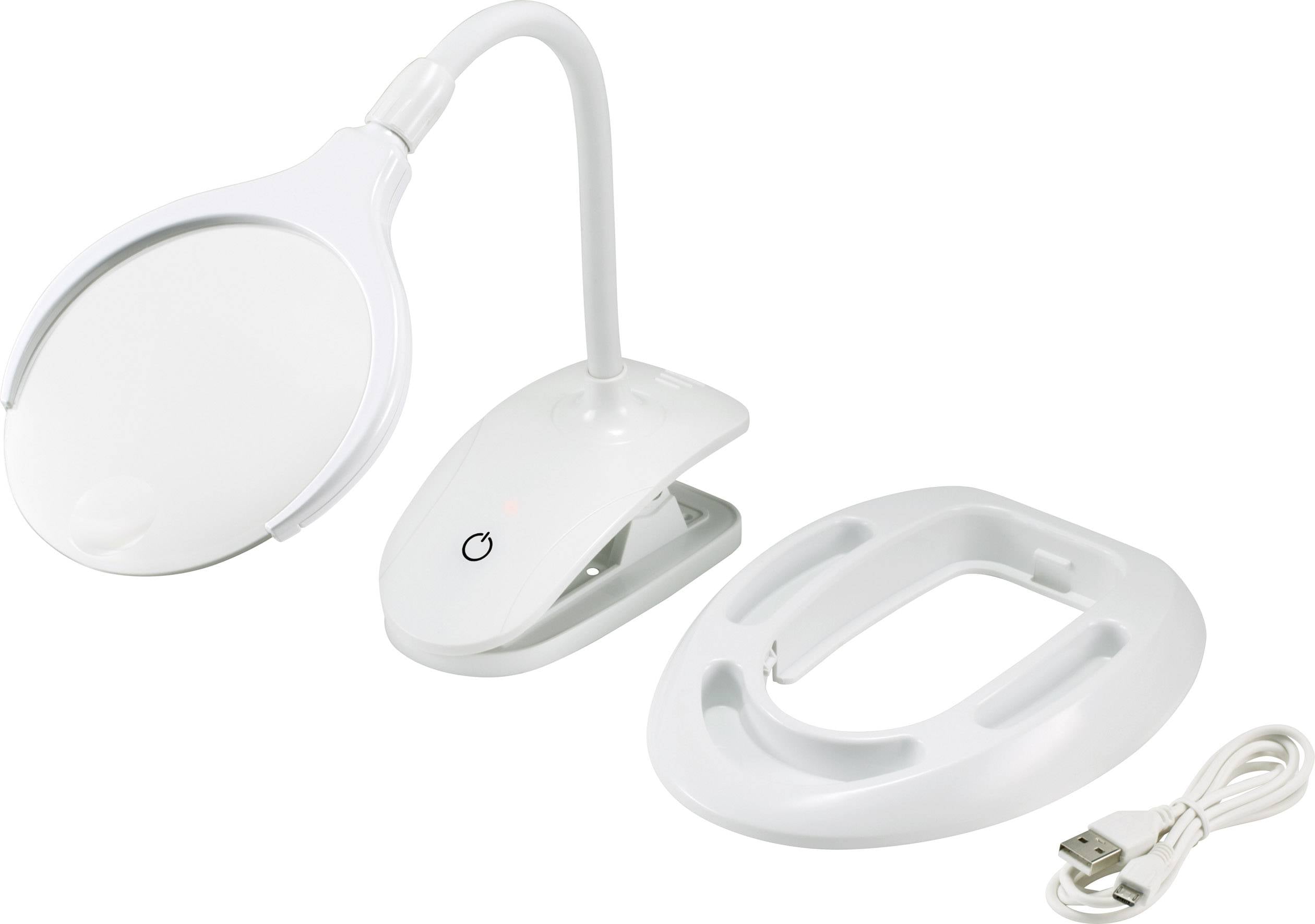 Eine weiße, tragbare Leselupe mit LED-Beleuchtung, flexiblem Hals und USB-Kabel liegt neben einem Klemmfuß auf einem Tisch.