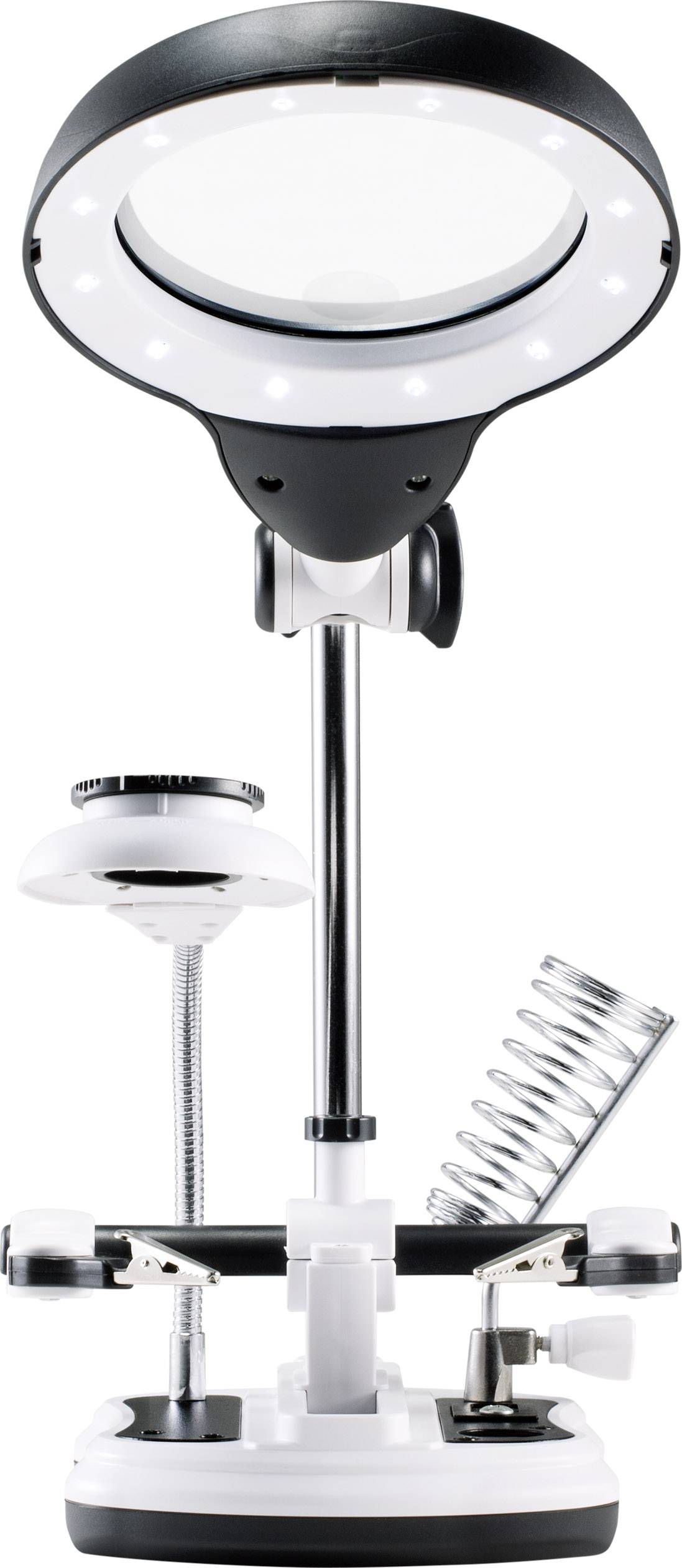 Verstellbare Lupenleuchte mit Standfuß, LED-Beleuchtung, flexiblem Schwanenhals und Lupenglas, ideal für detailreiche Arbeiten.