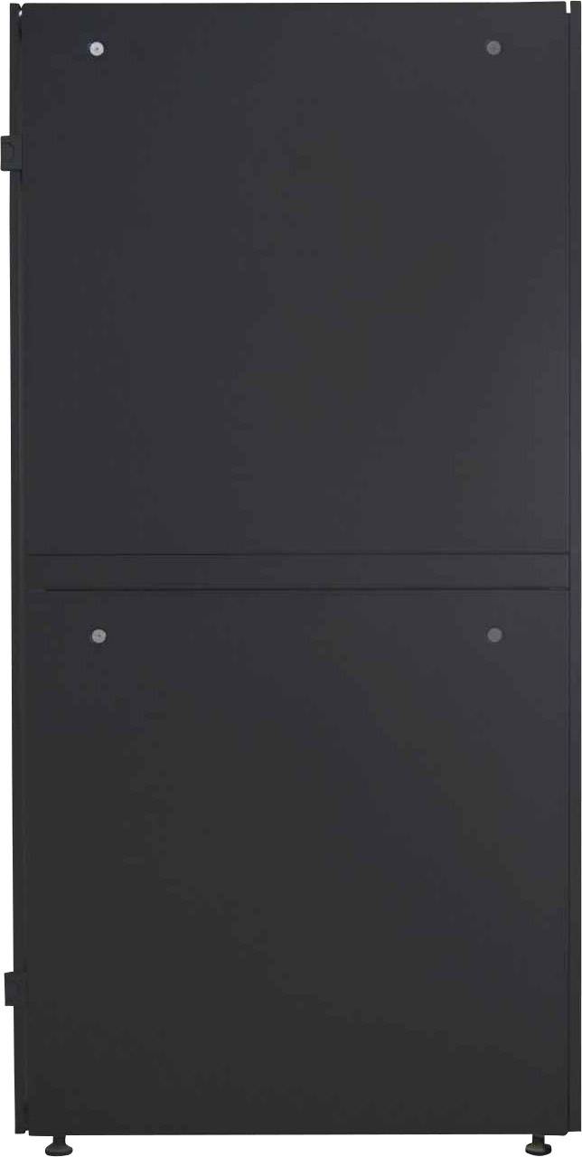 Ein schwarzer, rechteckiger Kühlschrank in einer modernen, minimalistischen Gestaltung. Ober- und Unterseite sind ohne sichtbare Griffe.
