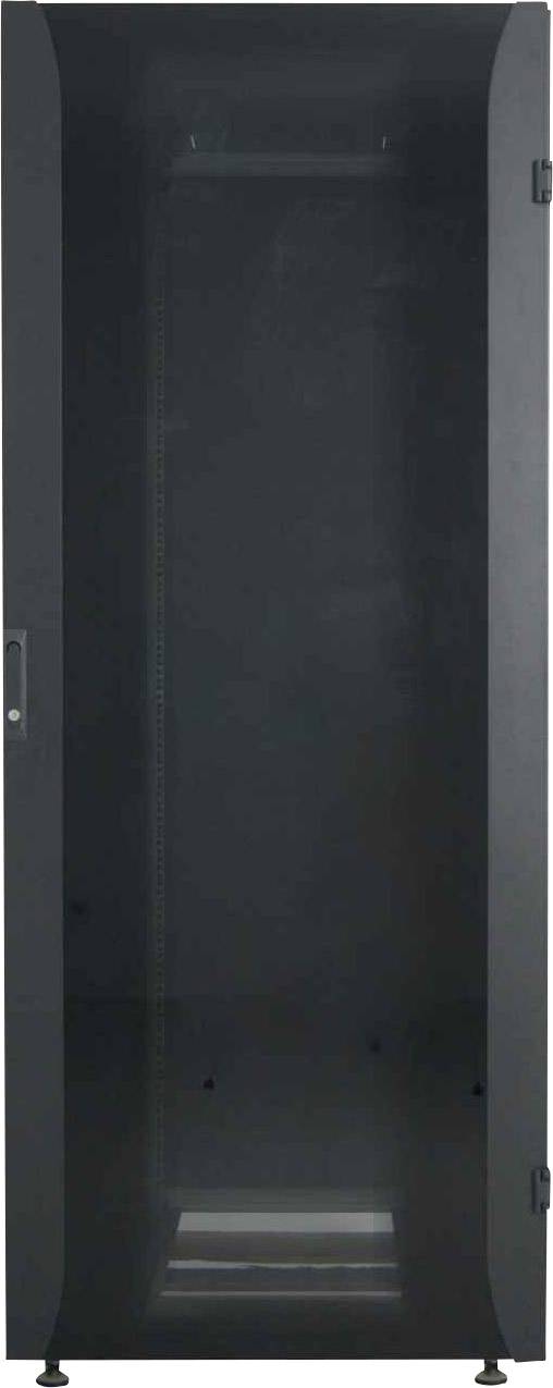 Schwarzer IT-Rack-Schrank, leer, mit Glastür in einem klaren, modernen Design. Geeignet zur Aufbewahrung von Netzwerkgeräten.