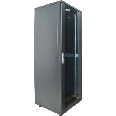 Schwarzer Server-Rack-Schrank mit Glastür, geeignet zur sicheren Verwahrung von IT-Geräten und Netzwerkkomponenten.