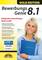 Eine Frau hält einen blauen Ordner mit der Aufschrift 'Bewerbung'. Text beschreibt ein Bewerbungssoftware-Paket, Version 8.1.