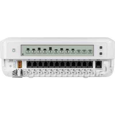 Netzwerk-Patchpanel mit 12 Ports, durchnummeriert. Oberhalb der Ports befindet sich eine Anzeige mit verschraubten Anschlüssen.
