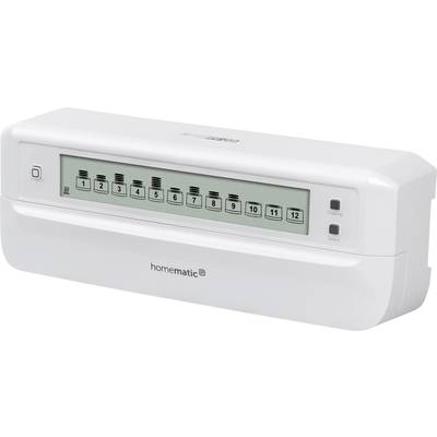Ein weißes Homematic IP Gerät mit einem Display, das zeigt: 12 nummerierte Abschnitte. Zwei Knöpfe rechts: 'Centrale' und 'Select'.