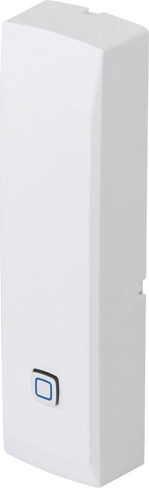 Weißer rechteckiger Sensor mit einem kleinen blauen Knopf unten, möglicherweise für Alarm- oder Hausautomationssysteme.