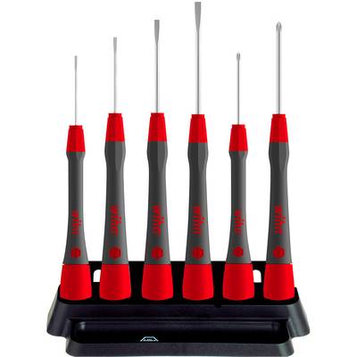 Sechsteiliges Schraubendreher-Set mit rotem Griff im schwarzen Halter. Enthält verschiedene Arten von Klingen für präzises Arbeiten.