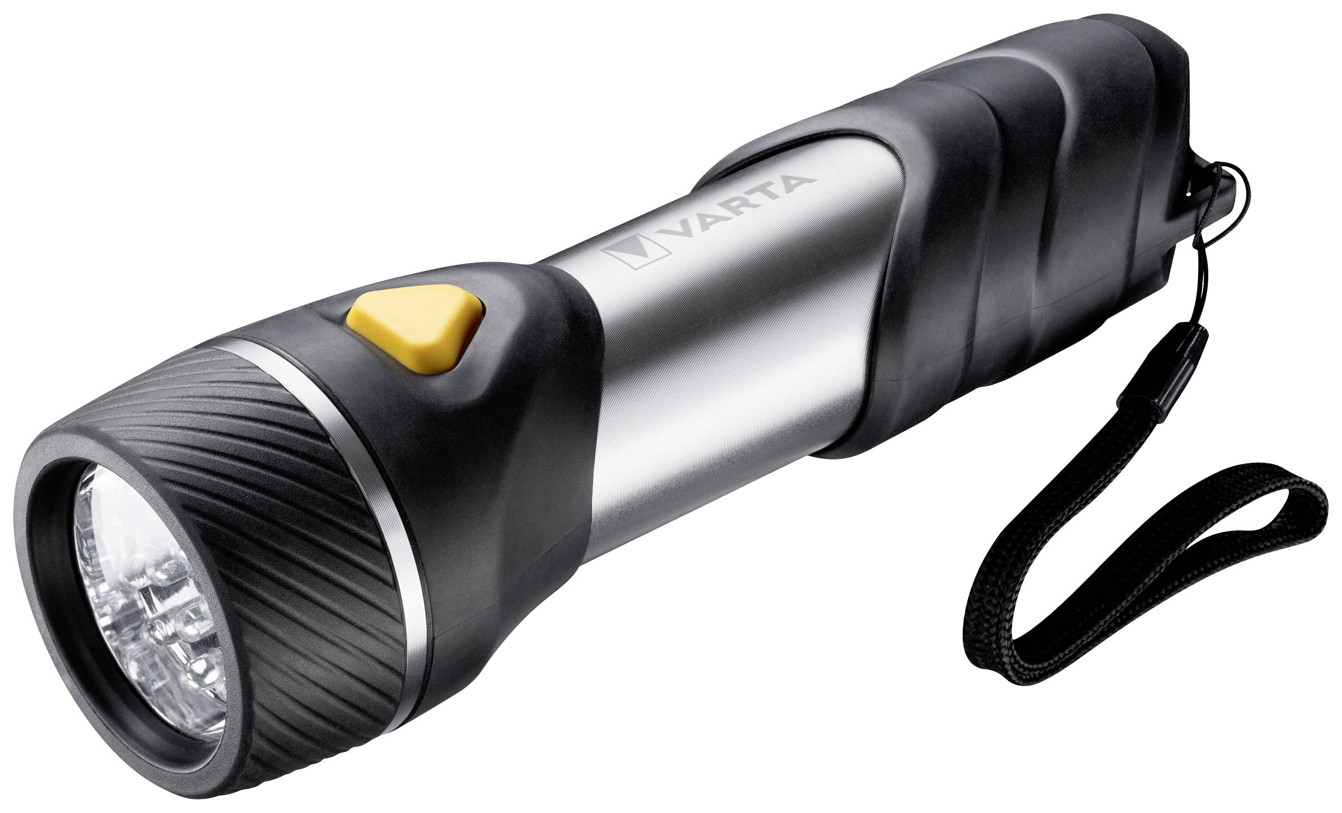 Eine silber-schwarze Taschenlampe mit gelbem Knopf und Handschlaufe. Modell von Varta.