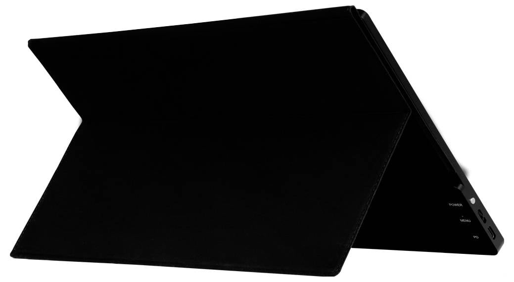 Ein schwarzer Laptop ist teilweise geöffnet und zeigt die Rückseite des Bildschirms.