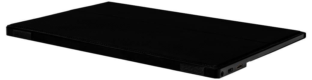 Ein dünner, geschlossener Laptop von der Seite gesehen. Nur die Kanten und Anschlüsse sind sichtbar, ohne zusätzliche Details.