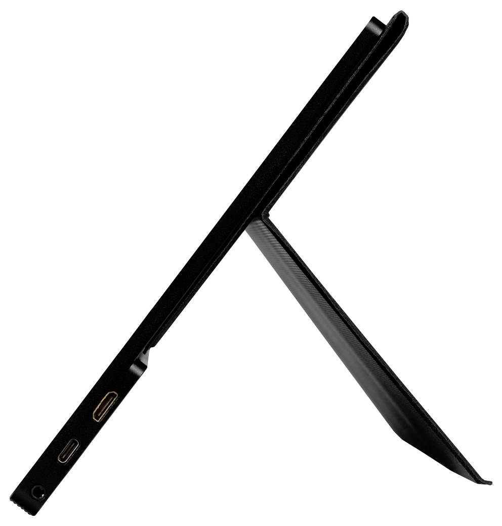 Ein Tablet steht seitlich mit ausgeklapptem Ständer, USB-Anschlüsse sichtbar.