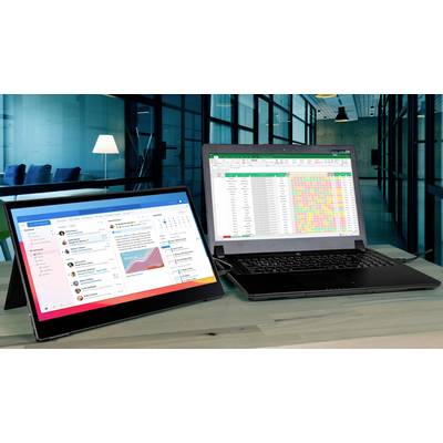 Ein Laptop und ein Tablet stehen auf einem Tisch. Der Laptop zeigt eine farbige Tabelle, das Tablet zeigt eine E-Mail-Ansicht. Im Hintergrund ein Büro.