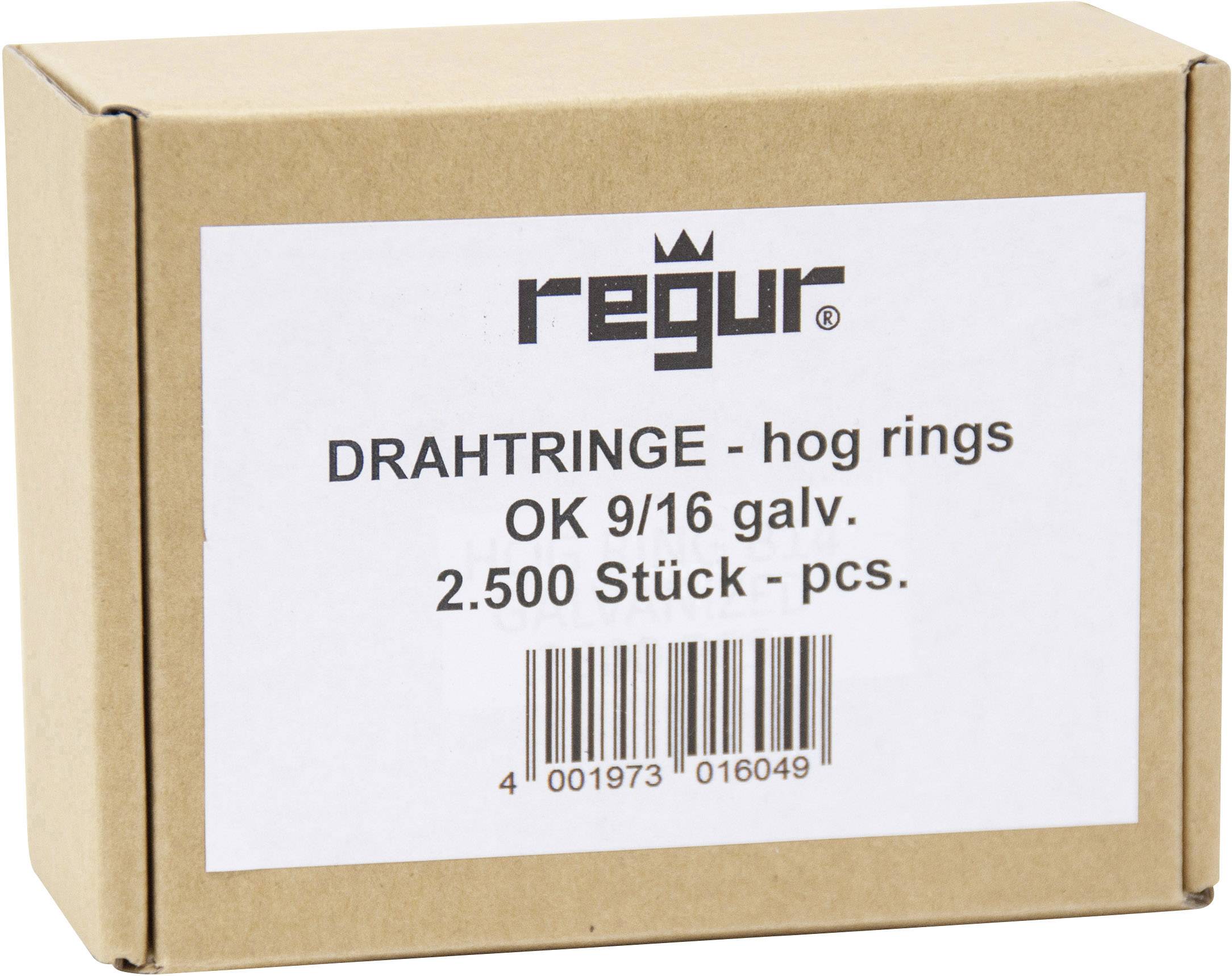 Eine braune Schachtel mit der Aufschrift 'Drahtringe - hog rings, OK 9/16 galv. 2.500 Stück - pcs.' und einem Barcode.