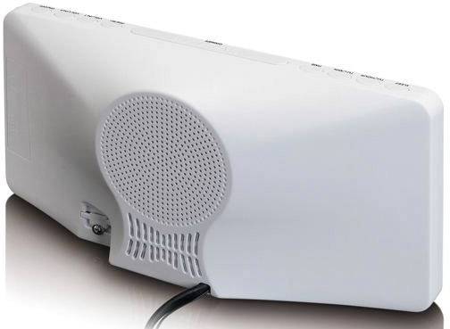 Weiße, rechteckige elektronische Einheit mit Lautsprecher und Kabelanschluss auf der Rückseite, verwendet wahrscheinlich für Audiozwecke.