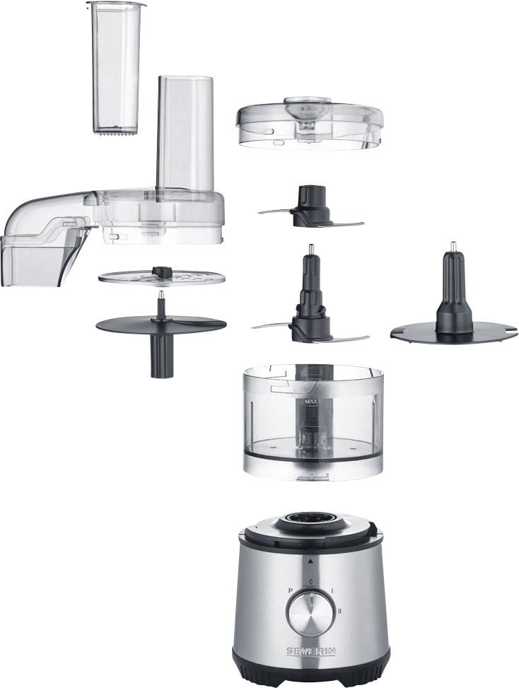 Ein Küchengerät mit mehreren austauschbaren Aufsätzen und einem transparenten Behälter zeigt eine funktionale Anordnung der Teile.