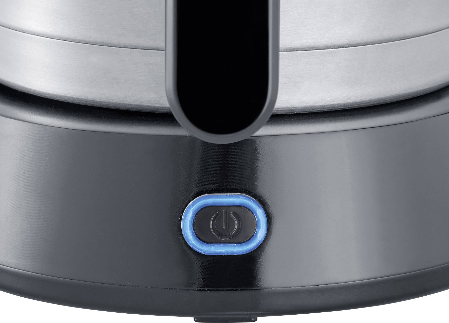 Elektrischer Wasserkocher aus Edelstahl, Nahaufnahme der Basis mit blau beleuchtetem Ein-/Ausschalter.