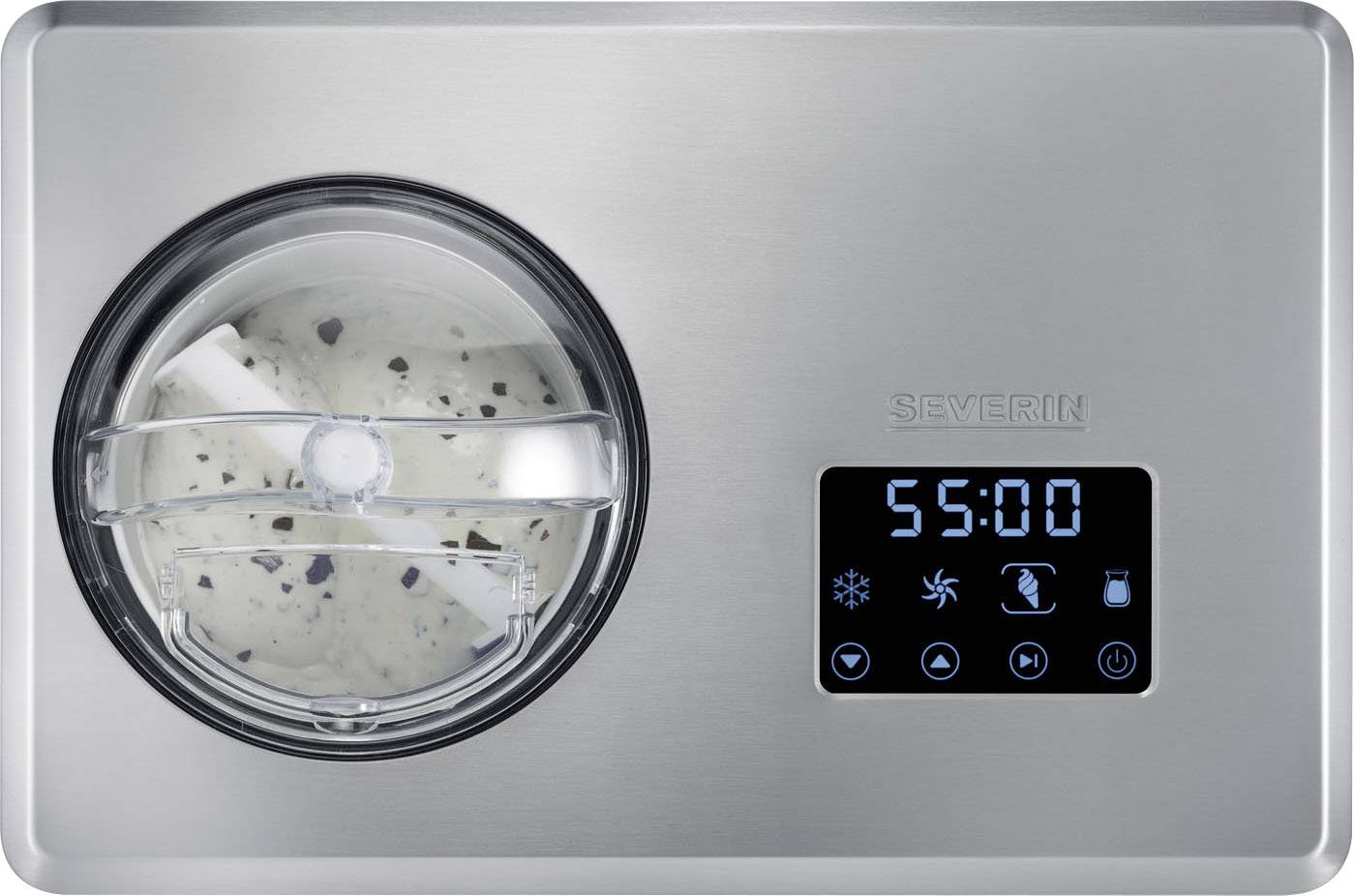 Eismaschine mit digitalem Display, das '55:00' anzeigt; daneben Symbole für Temperatur, Ventilator und Timer. Eismasse im Behälter sichtbar.