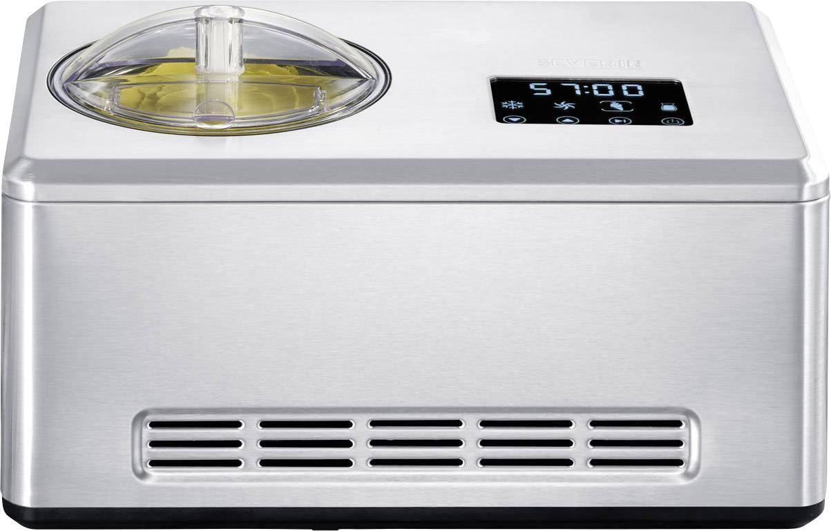 Eismaschine aus Edelstahl mit Digitalanzeige. Deckel ist transparent, zeigt gelbe Eismischung. Lüftungsschlitze auf der Vorderseite.