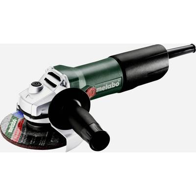Winkelschleifer mit grün-schwarzem Gehäuse und Metabo-Logo, seitlich angebrachter Handgriff und Schleifscheibe rechts sichtbar.