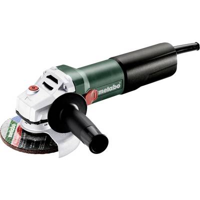 Ein Metabo-Winkelschleiffer mit Seitenschlag und angebrachter Schleifscheibe, dargestellt auf weißem Hintergrund.
