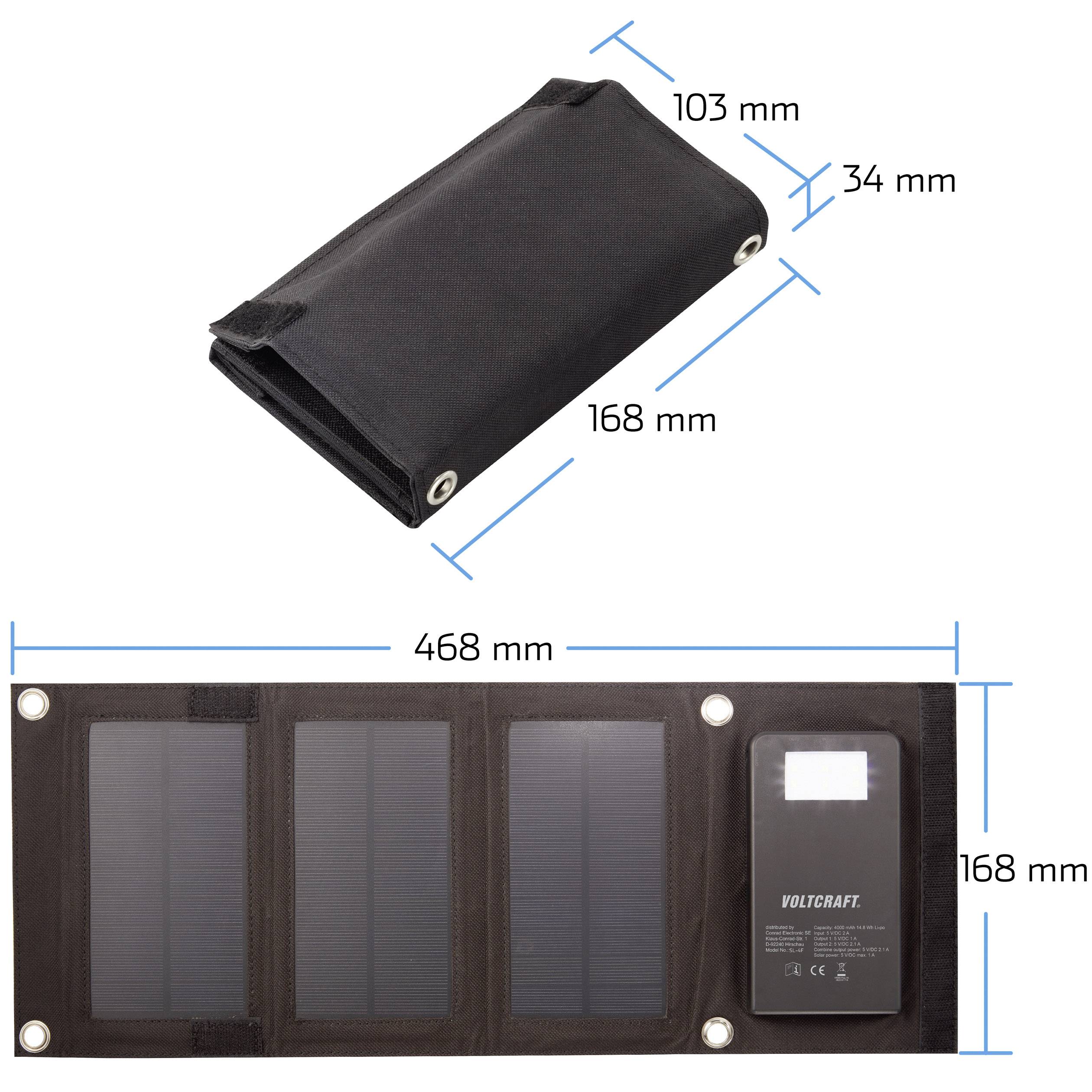 Tragbares Solarpanel zusammengefaltet, Maße: 168 x 103 x 34 mm. Entfaltet: 468 x 168 mm, mit drei Solarzellen und Voltcraft-Logo.